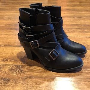 Black strapped ankle booties with heel